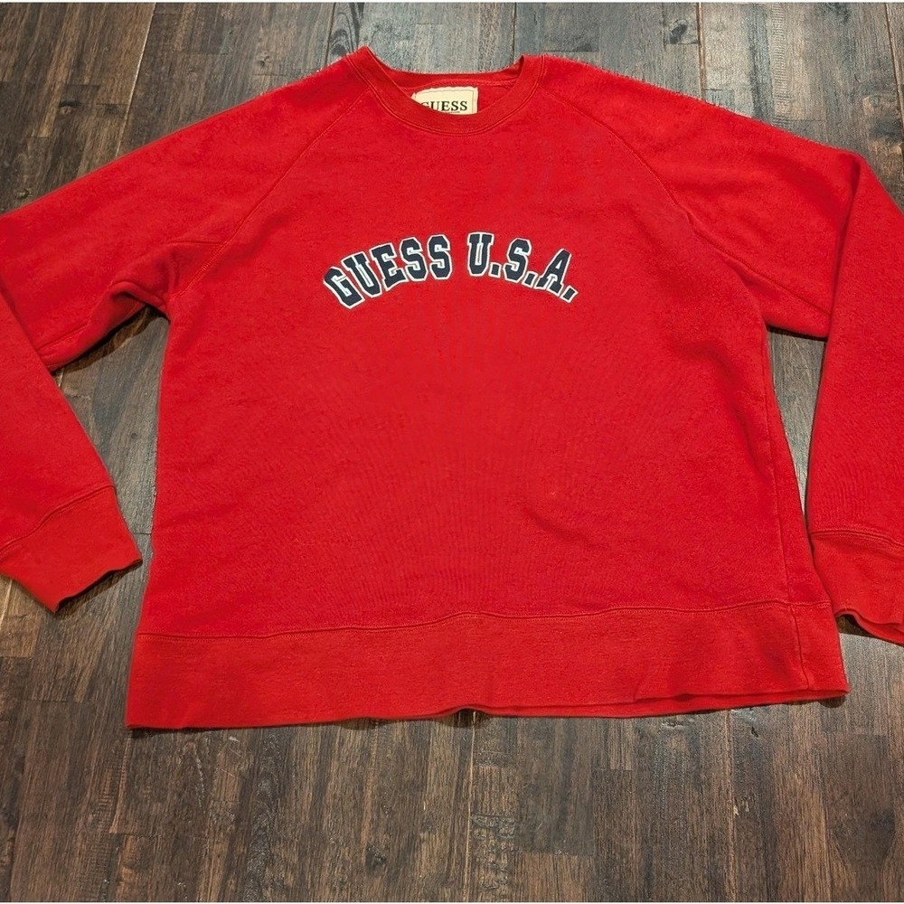 Vintage 90s Guess U.S.A. Sweatshirt Mens XL Red Embroidered Raglan Crew Spellout